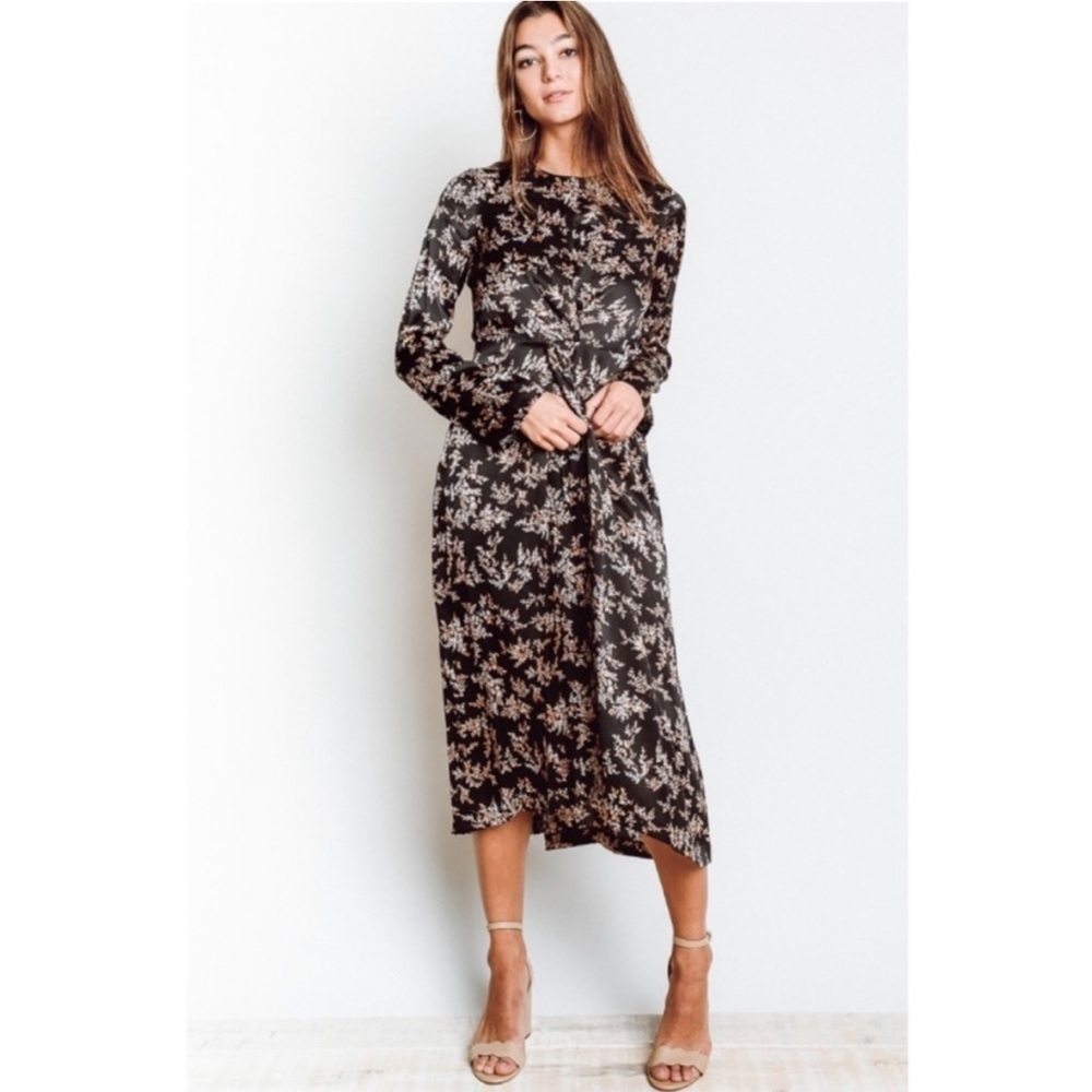 Vince 100% Silk Eden Black Floral Long-Sleeve Midi Dress